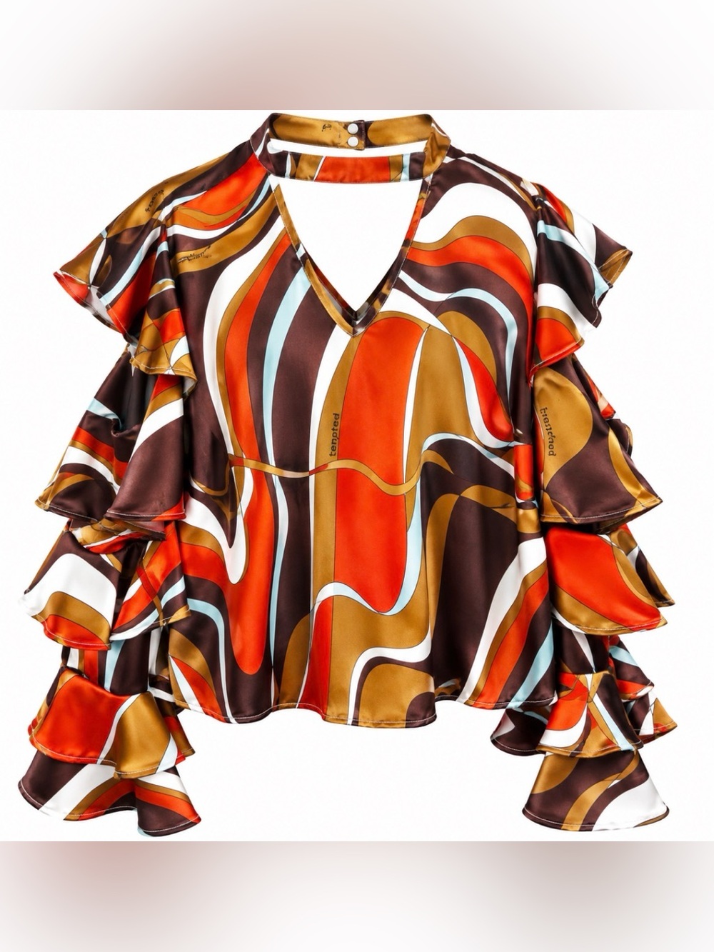 Cleo Retro Swirl Print Cutout Tiered Ruffle Sleeve Blouse Size L